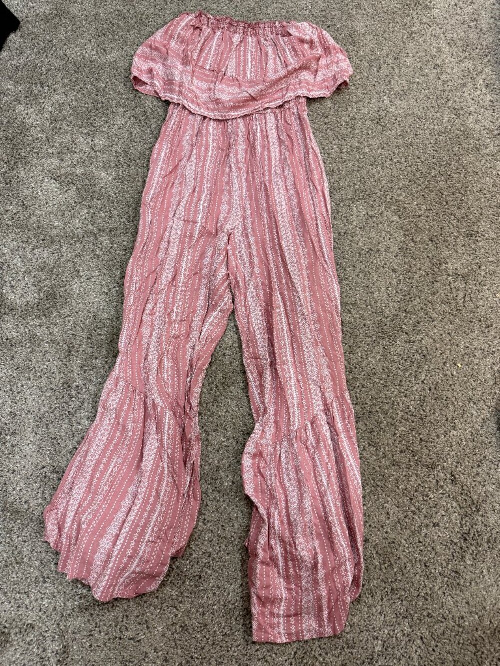 Japna Women's XS Pink White Strapless Boho Wide Leg Jumpsuit Smocked Tiered